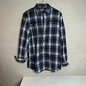 Carhartt Mens Navy Blue Plaid Heavy Button Up Flannel Shirt
